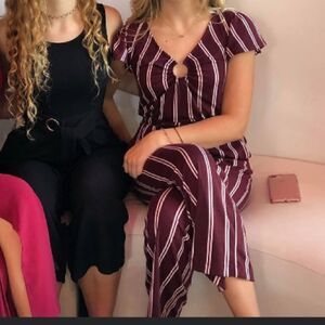 Maroon Striped Pant Suit Jumper, wide leg, ring gather Holiday Outfit medium‎